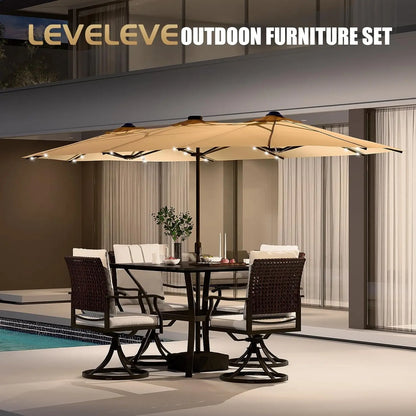 LEVELEVE 15FT Large Patio Patio Umbrella with Base & Solar LED Lights - Double-Sided,Kahaki