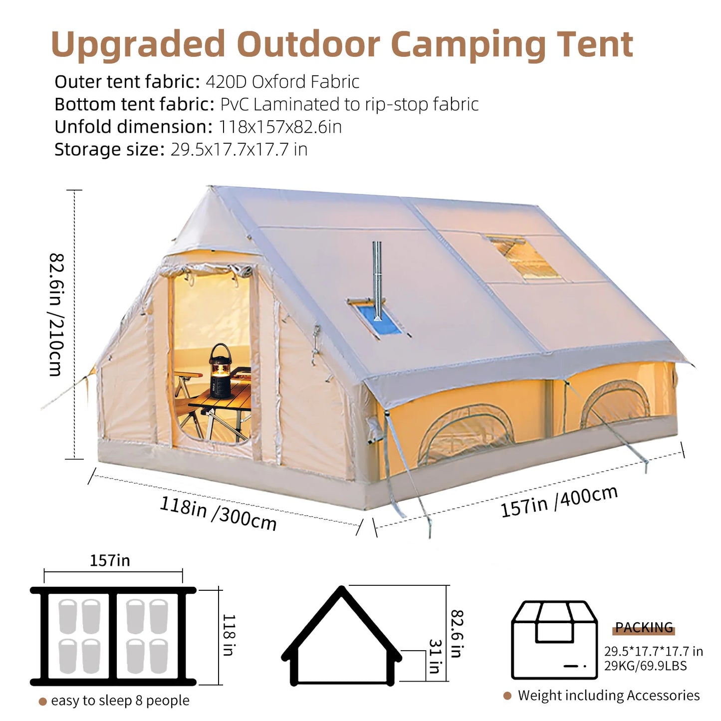 Large 4 Season Inflatable Tent for Camping with Hand Pump.