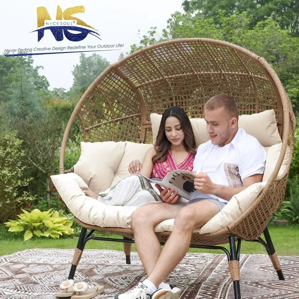 Lounge Chairs-Double Egg Chair Indoor Outdoor Stationary Thicken Padded Cushions,680 lbs，