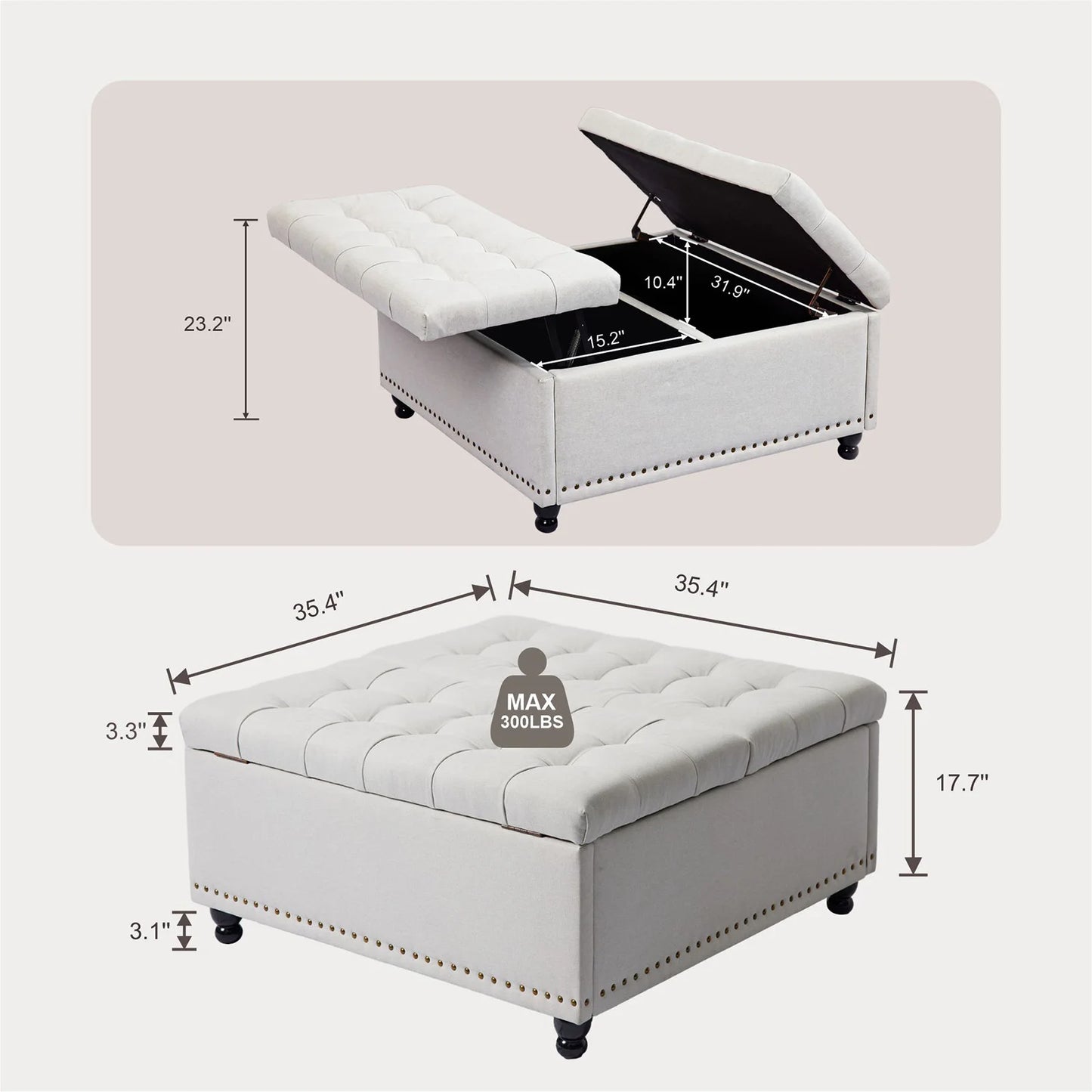 35" Large Square Storage Ottoman Bench, Upholstered Coffee Table, Lift Top Storage Ottoman Tufted Fabric for Living Room