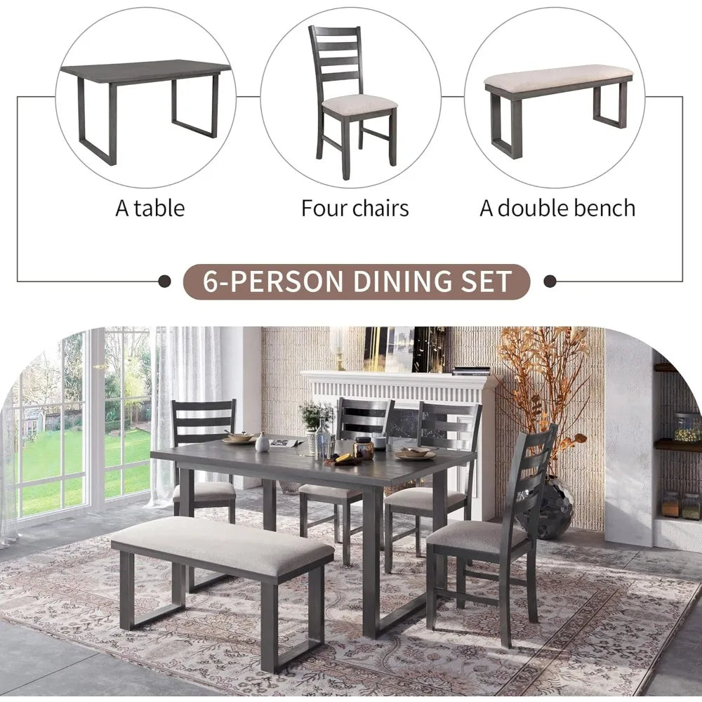 6 piece dining table set, kitchen table set with upholstered dining chairs and tufted bench