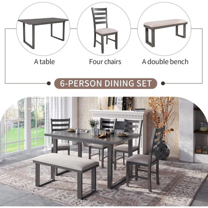 6 piece dining table set, kitchen table set with upholstered dining chairs and tufted bench