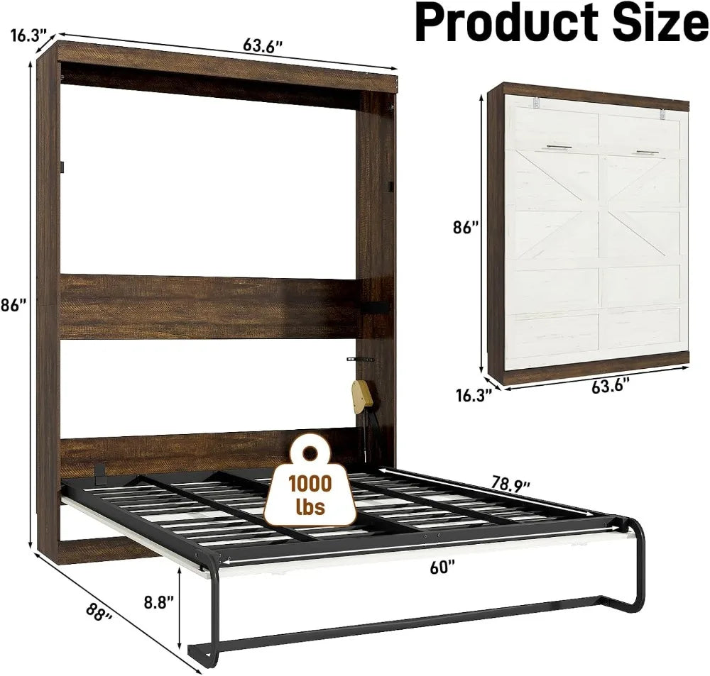 Queen Size Murphy Bed , Farmhouse Wood Hidden Wall Bed Frame, Space-Saving Storage Cabinet