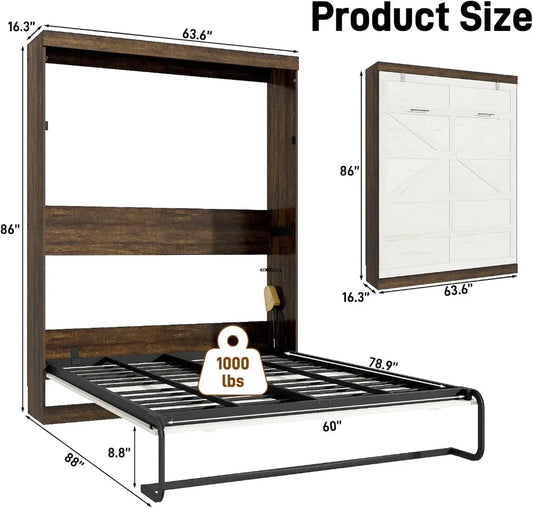 Queen Size Murphy Bed , Farmhouse Wood Hidden Wall Bed Frame, Space-Saving Storage Cabinet