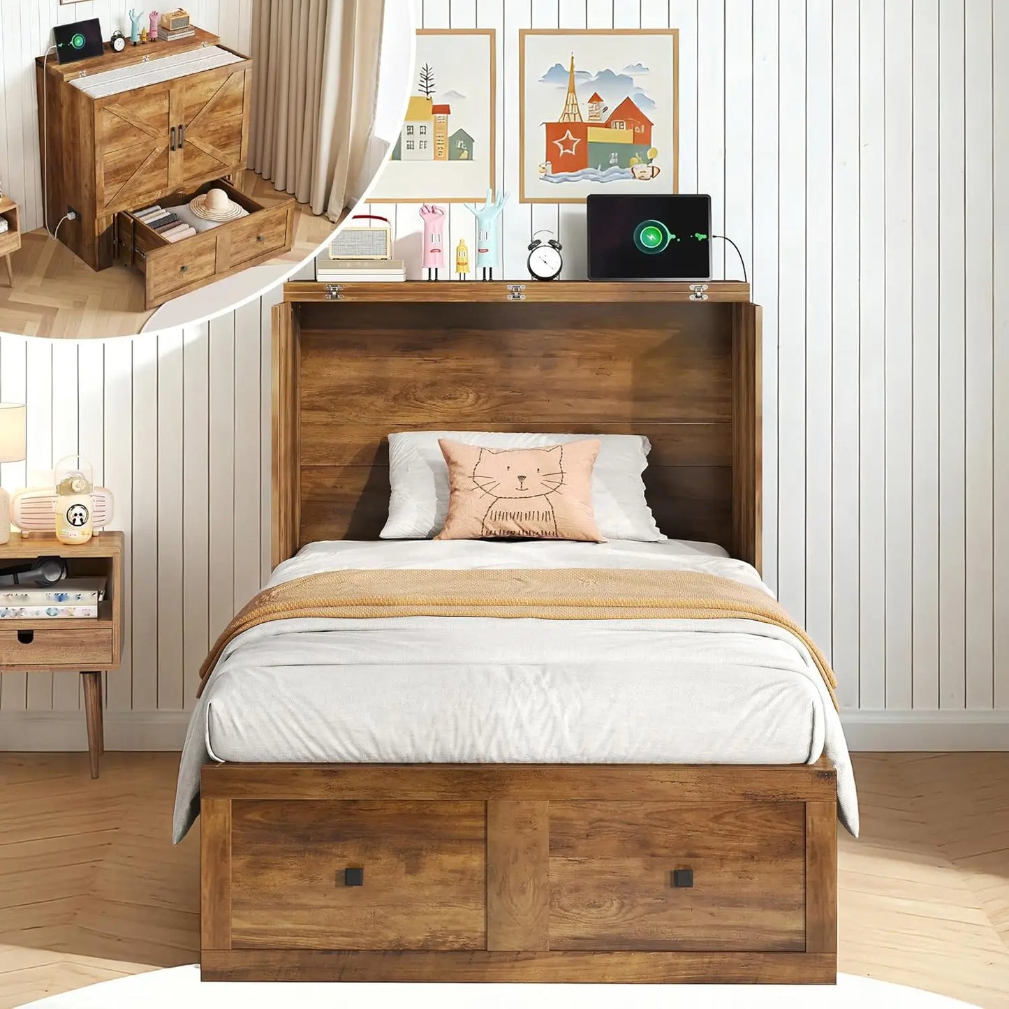 Twin Murphy Bed Cabinet with Storage Drawer, Farmhouse Foldable Platform Bed for Home Office