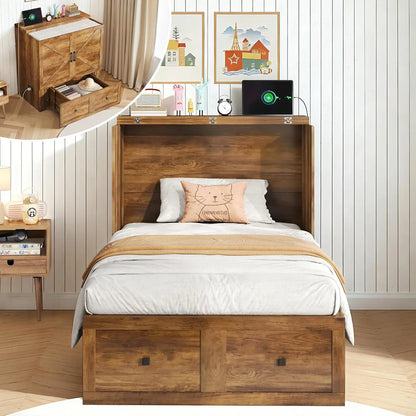 Twin Murphy Bed Cabinet with Storage Drawer, Farmhouse Foldable Platform Bed for Home Office