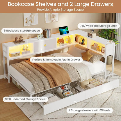 Twin Corner Bed Frame with Bookcase Storage and Led Lights Twin Size Metal Platform Bed Frames with Storage Drawers