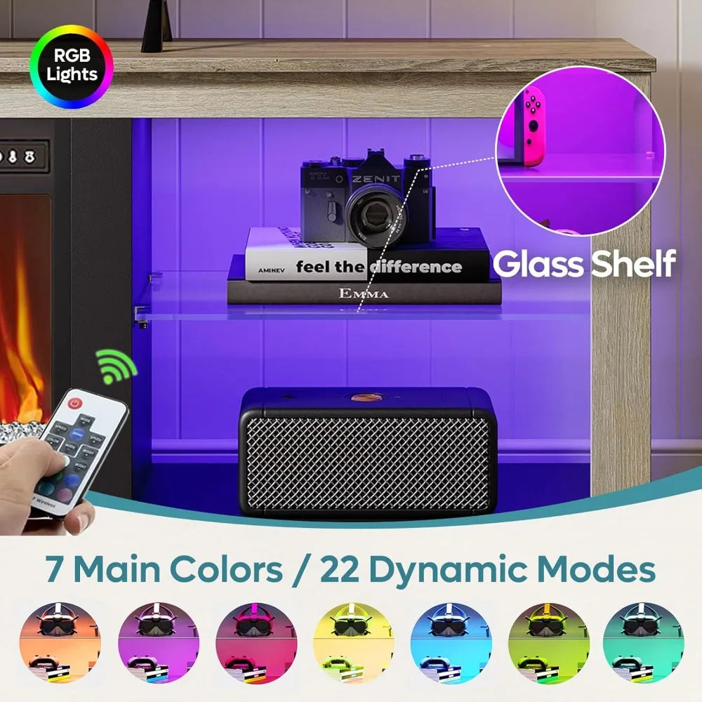 Fireplace TV Stand for 75 inch TV with 23 inch Electric Fireplace, 70 inch Entertainment Center  with LED Light