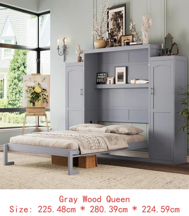 Full Size Murphy Bed with 2 Wardrobes & Storage Shelves, Multifunctional Foldable Platform Bed Frame