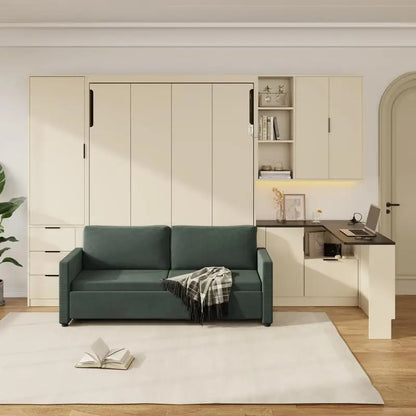 Queen Murphy Bed with Hydraulic, Storage, Sofa, Shelves & Drawers, LED/USB Lights, Beige Panel, Green Couch