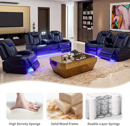 Hot sales, Power Recliner Sofa Set, Black Leather 3 Pieces Sectional Couch, Living Room Furniture Sets with Power