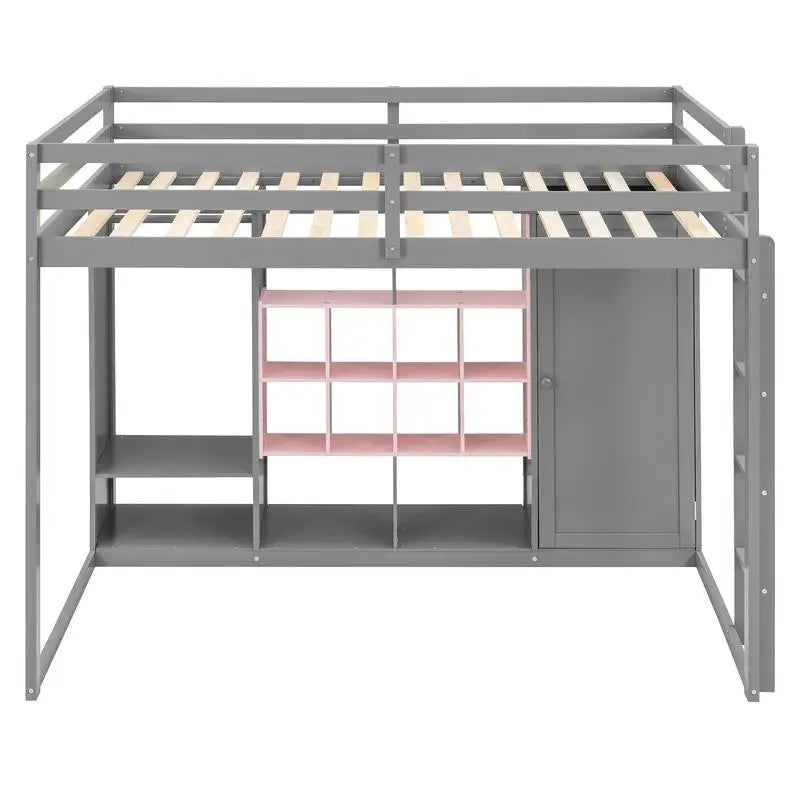 Full-Size Wood Loft Bed with Wardrobe, Shelves, and Storage Cabinet, Gray and Pink