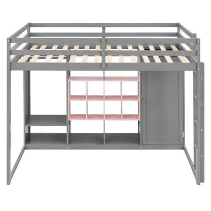 Full-Size Wood Loft Bed with Wardrobe, Shelves, and Storage Cabinet, Gray and Pink