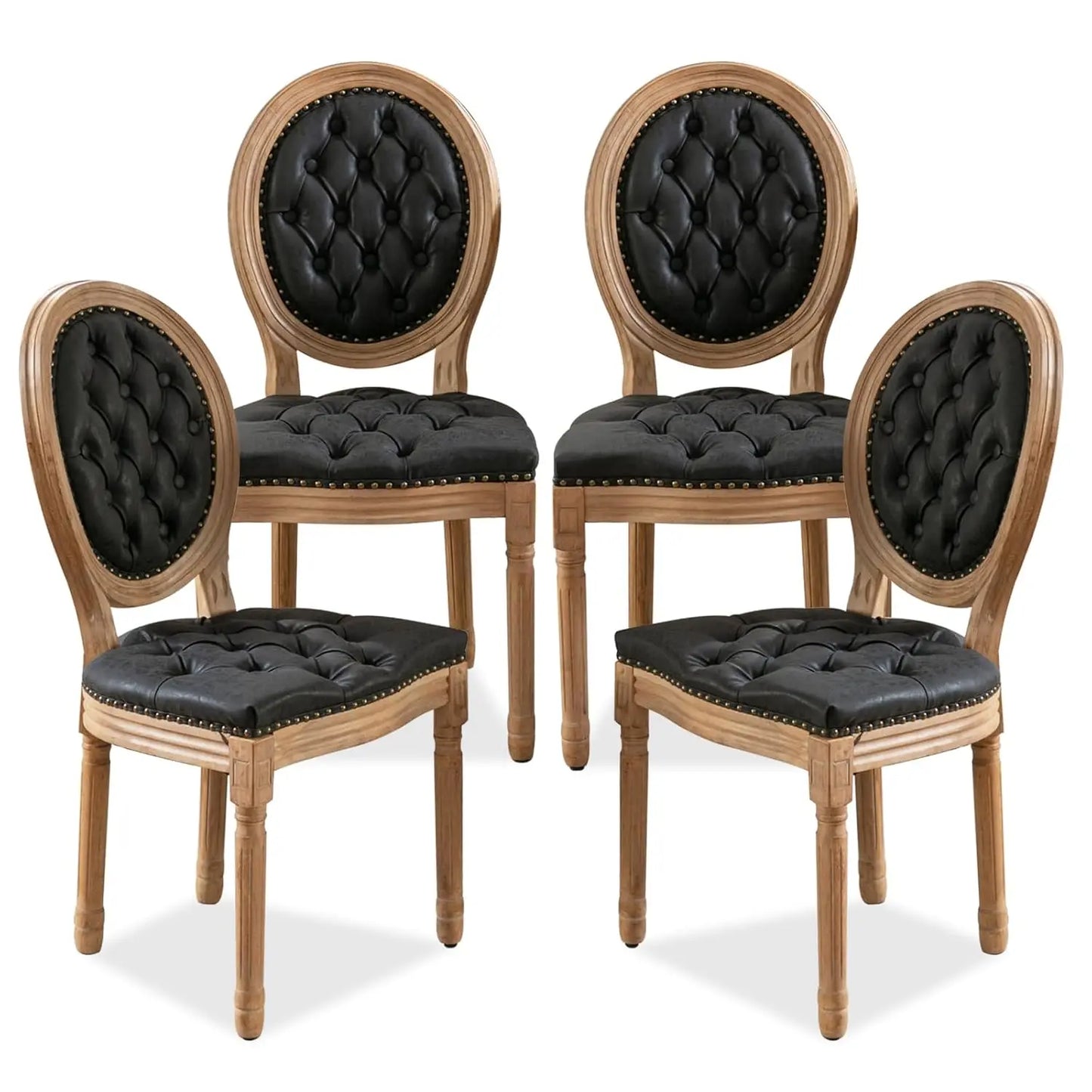 French Dining Chairs Set of 4, Dining Chair with Round Back, Wood Leg Farmhouse Country Rattan Dining Chair for Kitchen,