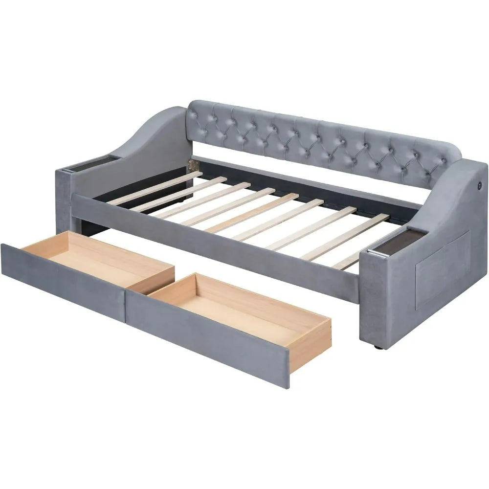 Twin Size Daybed with Upholstered Storage Armrests, USB Charging Port, and Wood Slat Support, Including 2 Drawers