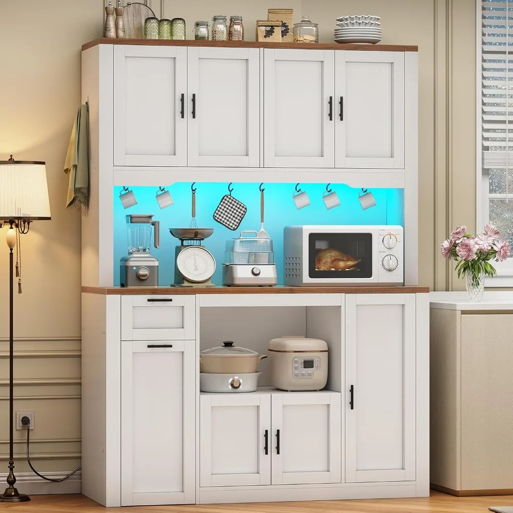 71" Pantry Cabinet with Charging Station and LED Light, Kitchen Pantry Cabinet with Microwave Stand, 47.2" Wide,