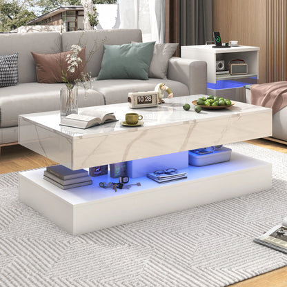 Coffee Table with LED lights, Double-Layer Design for Living Room with 2 Storage Drawers