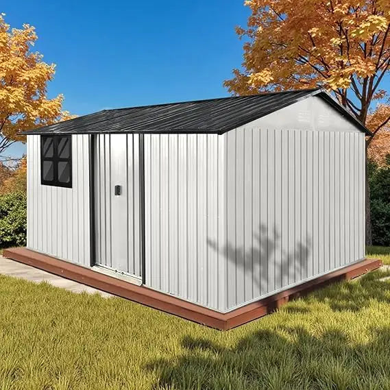 12x10 Ft Storage Shed Outdoor, XL Permanent Steel Building with Window, Sliding Doors and 4 Air Vents for Backyard, Garden, Patio