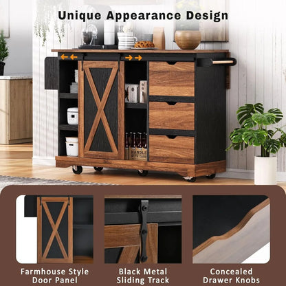 "Rolling Kitchen Island with Drop Leaf, 55.5" Cart featuring Barn Door and Power Outlet"