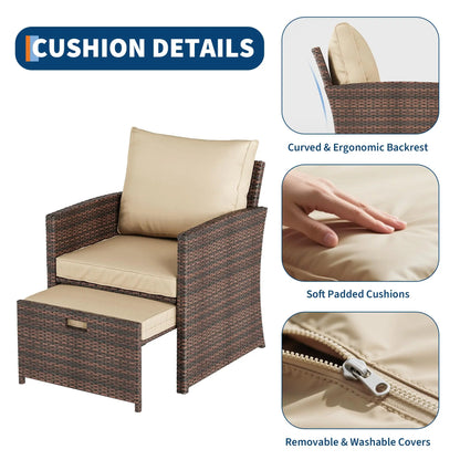 5-Piece All-Weather Pe Rattan Patio Set, High Back Chairs With 2 Ottomans & Table, Soft Cushions For Garden & Porch