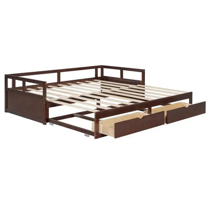 Wooden Daybed with Trundle and 2 Storage Drawers, Expandable Bed/Sofa for Bedroom or Living Room, Espresso Finish