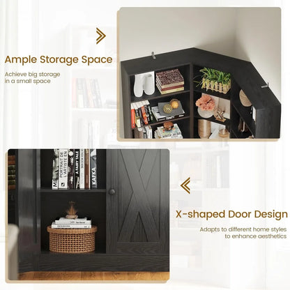 Large Corner Bookshelf with 2 Doors and Storage Cabinets, L-Shaped 7 Tiers Bookcase, 71” Tall