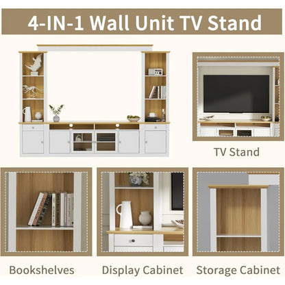 Large Farmhouse TV Stand with Cabinets for TVs Up to 78" Wall Unit Entertainment Center with Open Bookshelves and 2 Drawers