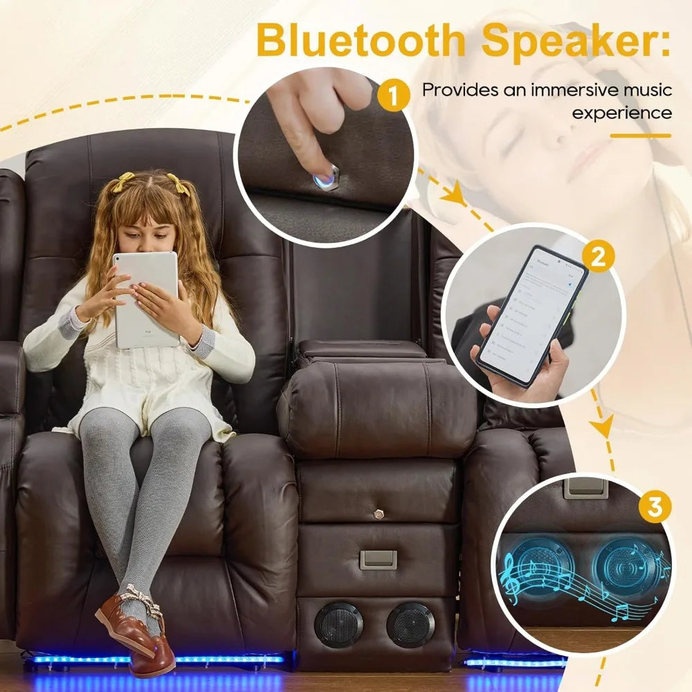 67" Power Reclining Loveseat Sofa, Theater Seating with Console, Ambient Lighting/Bluetooth Speakers/USB