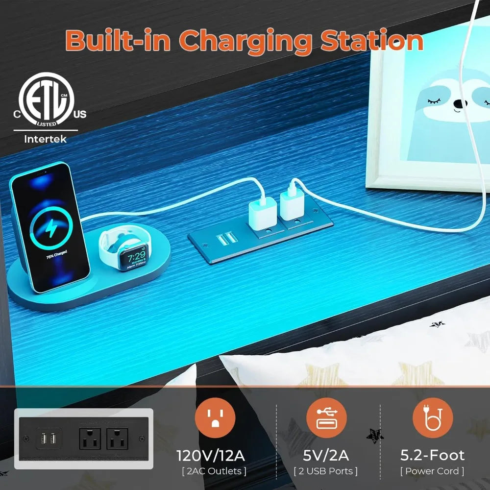 Full Corner Bed Frame with Bookcase Storage and Led Lights Metal Platform Bed Frame with 2 Drawers and Charging Station