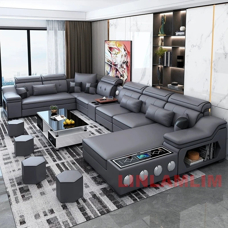 Sectional Sofa Set with Chaise Lounge, Bluetooth Speakers, and USB Charging Ports