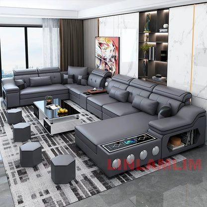 Sectional Sofa Set with Chaise Lounge, Bluetooth Speakers, and USB Charging Ports