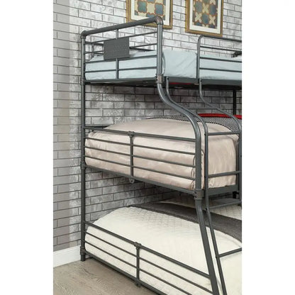 Industrial Style Metal Bunk Bed Twin Over Full Over Queen with Guard Rails and Curved Ladder, Antique Black Finish
