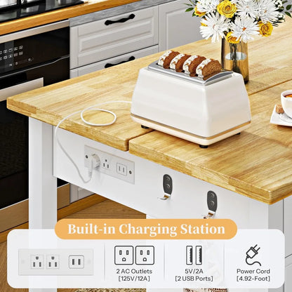 Stationary Kitchen Island with 2 Bar Stools & Power Outlet, 47" Solid Rubberwood Top Farmhouse Coffee Bar with Trash Can Cabinet