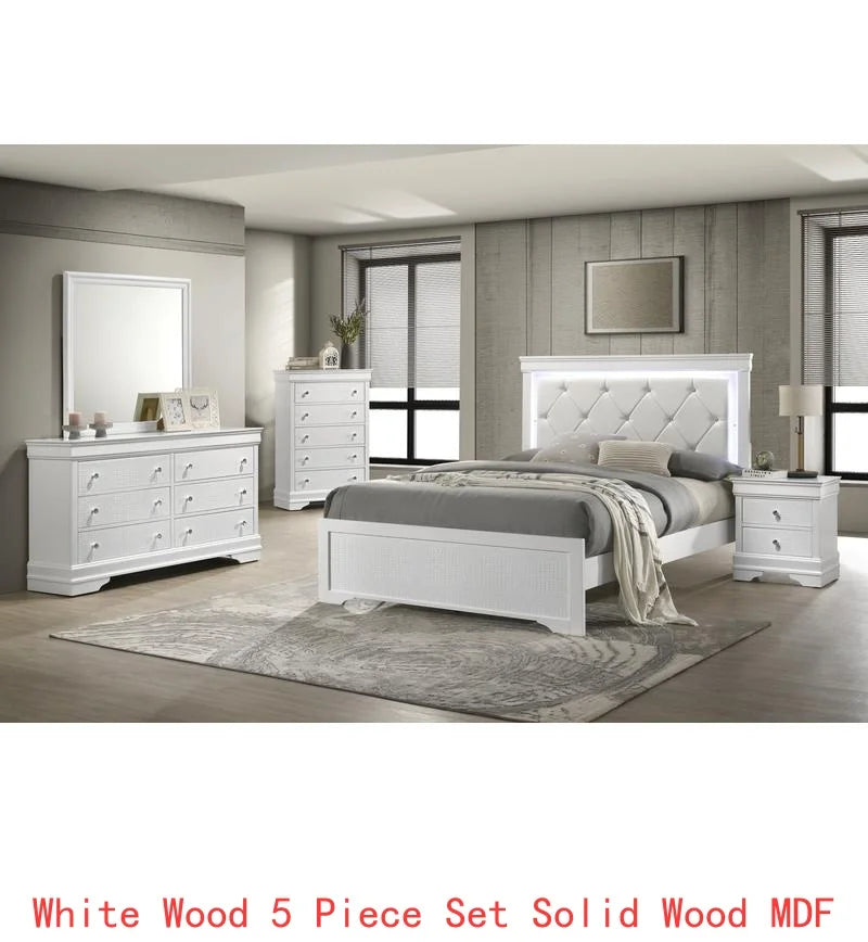 Modern 5-Pc Twin Bedroom Set with LED Headboard, Made of Wood in White Finish