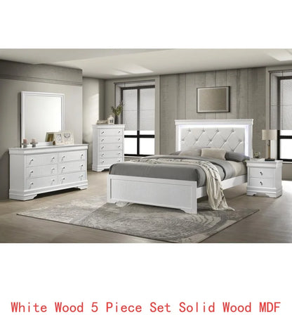 Modern 5-Pc Twin Bedroom Set with LED Headboard, Made of Wood in White Finish
