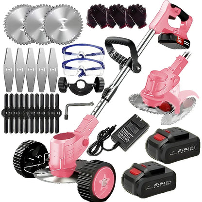 Wireless portable weed trimmer with 2 lithium batteries and comes with replaceable blades