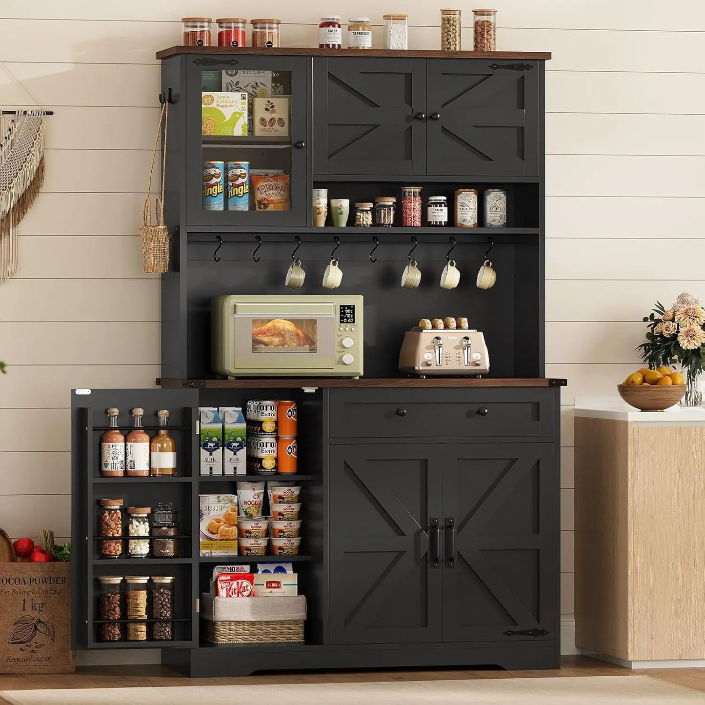 Farmhouse Kitchen Pantry Cabinet, Kitchen Cabinet with Drawer & Doors, Barn Doors Storage Cabinets with Adjustable Shelf