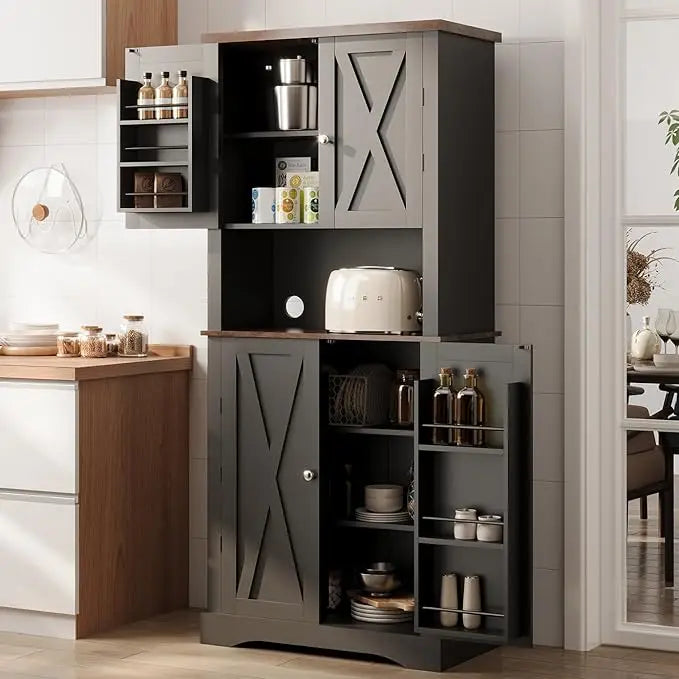 72" Kitchen Pantry, Farmhouse Cabinets with Barn Doors & Storage Shelves, Pantry Storage Cabinet- Coffee Bar