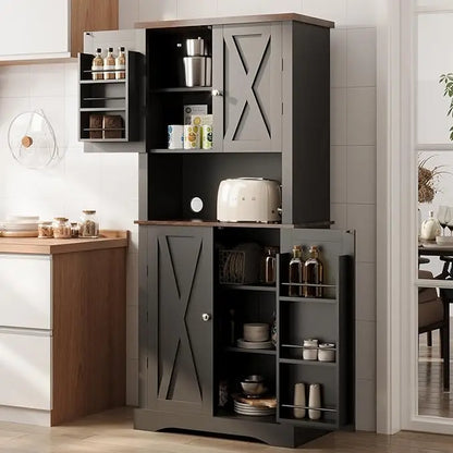 72" Kitchen Pantry, Farmhouse Cabinets with Barn Doors & Storage Shelves, Pantry Storage Cabinet- Coffee Bar