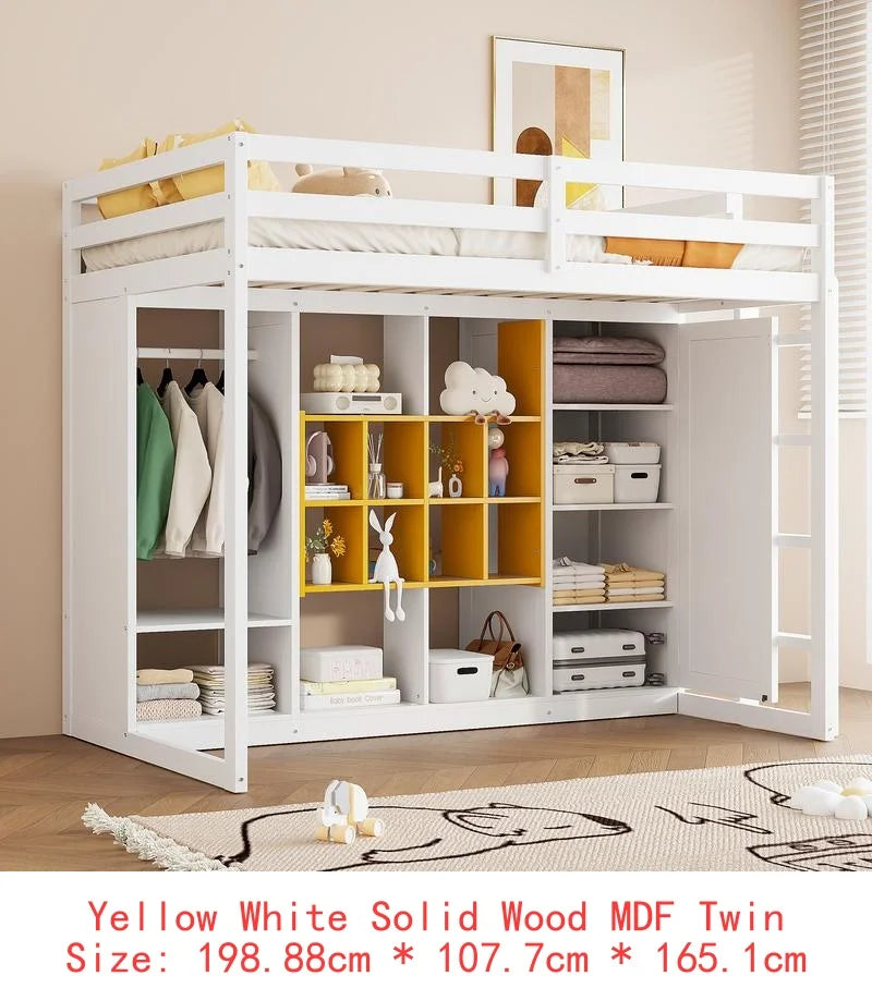 Full-Size Wood Loft Bed with Wardrobe, Shelves, and Storage Cabinet, Gray and Pink