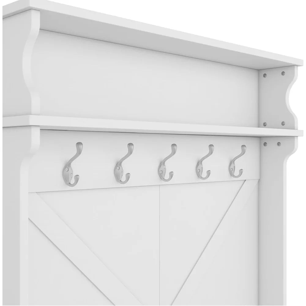 Entryway Hall Tree with Bench and Shoe Storage, Coat Rack with Bench Shelf Hooks, Shoe Storage with Slide Doors