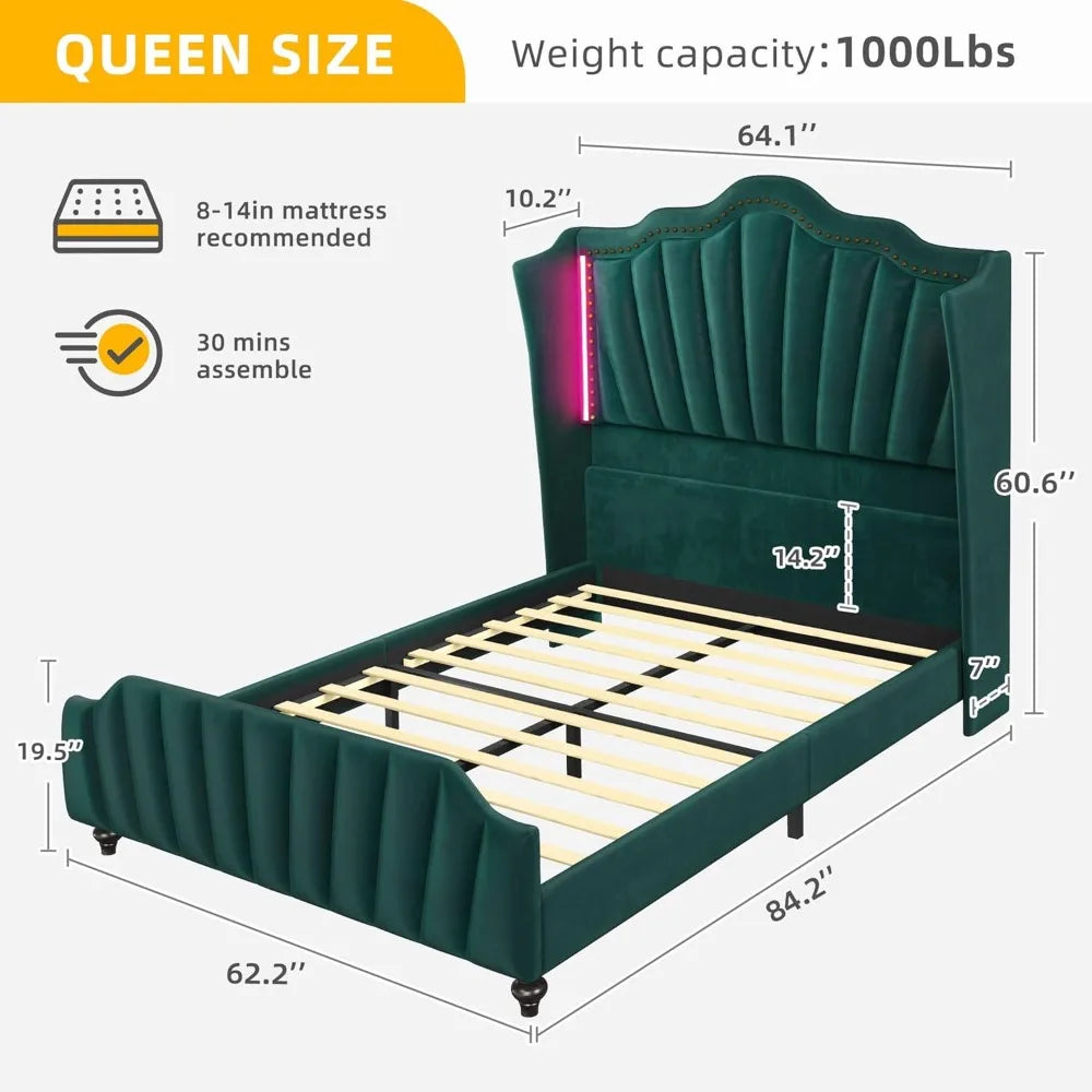 Queen Size Platform Bed Frame with 60" Tall Wingback Headboard and Footboard, Velvet Upholstered Bed with LED Light,
