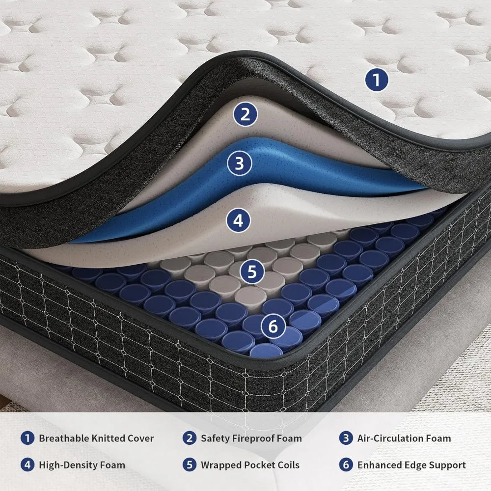 Mattress,12 Inch, Individually Wrapped Pocket Coils to Isolate Motion, Pressure Relief