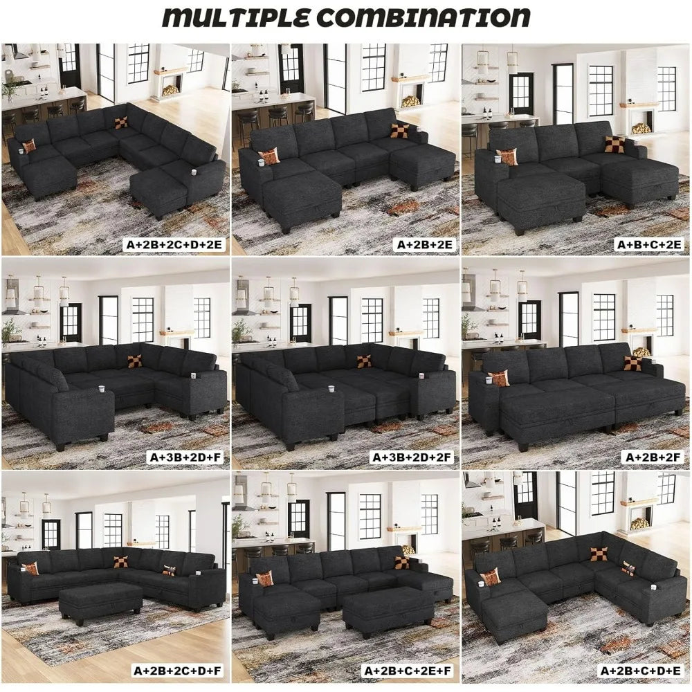 Sectional Sofa Couch with Storage, U Shape Convertible Corner Couches for Living Room Dark Grey Couch