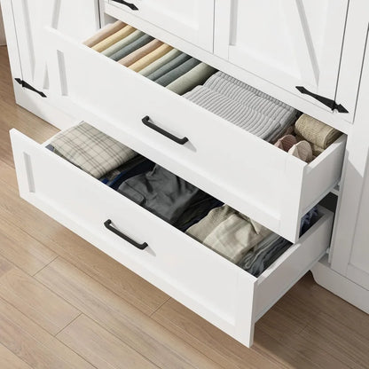 Wardrobe Armoire Closet with Doors and Drawers, Farmhouse Wooden Armoire Storage Cabinet with Shelves & Hanging Rod