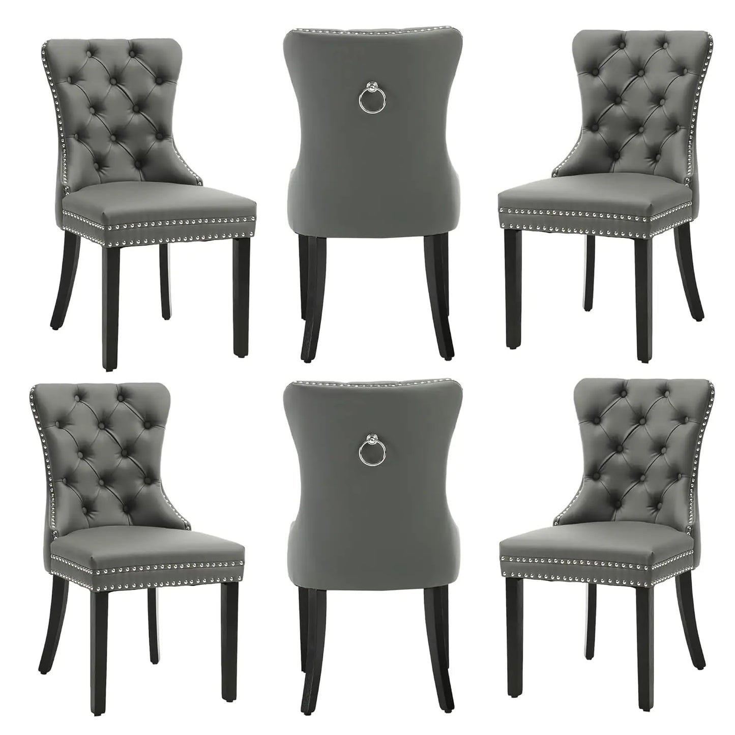 PU Leather Dining Chairs Set of 6, Dining Room Chairs with Solid Wood Legs and Pull Ring, Luxury, Customized