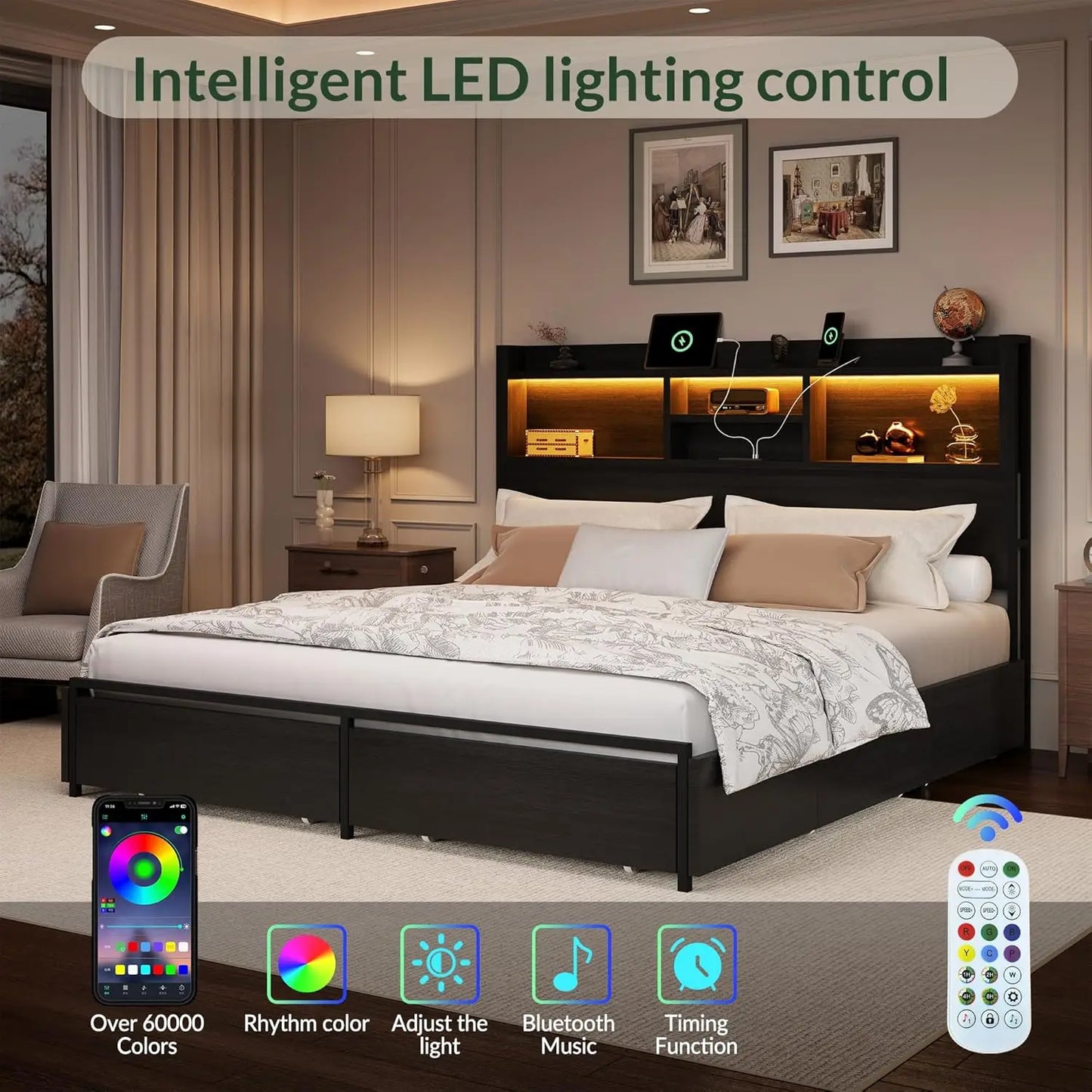 Queen Size Wooden Bed Frame with 6 Drawers, Headboard, LED Lights & Charging Station, No Box Spring Needed,