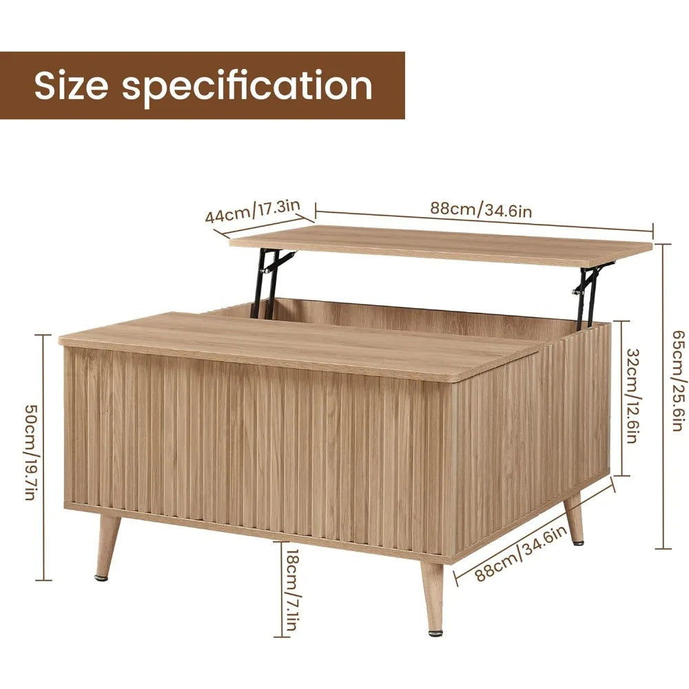 Square Coffee Table, 35” Lift Top Coffee Table with Storage, Fluted Coffee Tables with Lifting Top