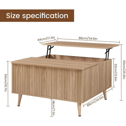 Square Coffee Table, 35” Lift Top Coffee Table with Storage, Fluted Coffee Tables with Lifting Top
