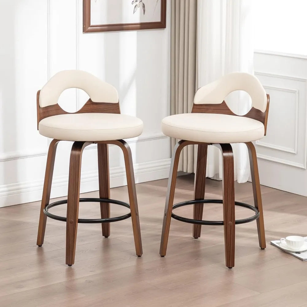 26" Swivel Bar Stools Set of 2,Mid Century Modern Beige Faux Leather Barstools, Wood Counter Height Bar Chairs with Low Back